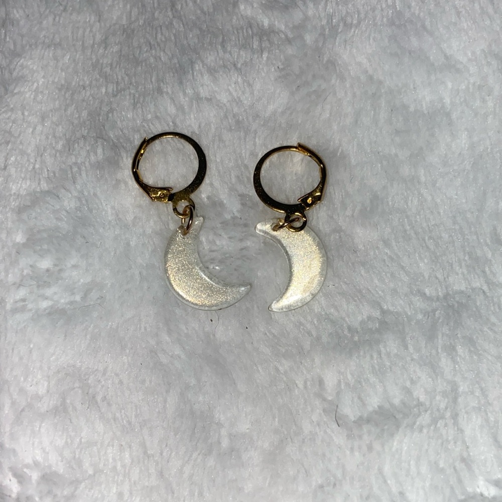 Clear gold glitter moon earrings